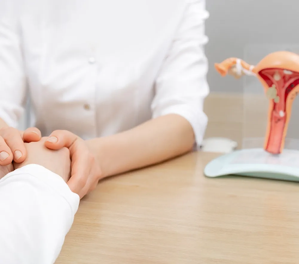 Eine Ärztin im weißen Kittel hält beruhigend die Hand eines Patienten. Neben ihr steht ein Modell des weiblichen Beckenbodens.