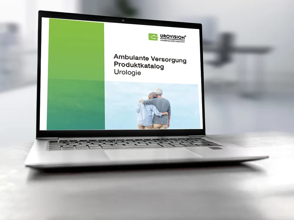 Laptop mit dem Bild des Urovision Gesamtkatalogs auf dem Bildschirm.