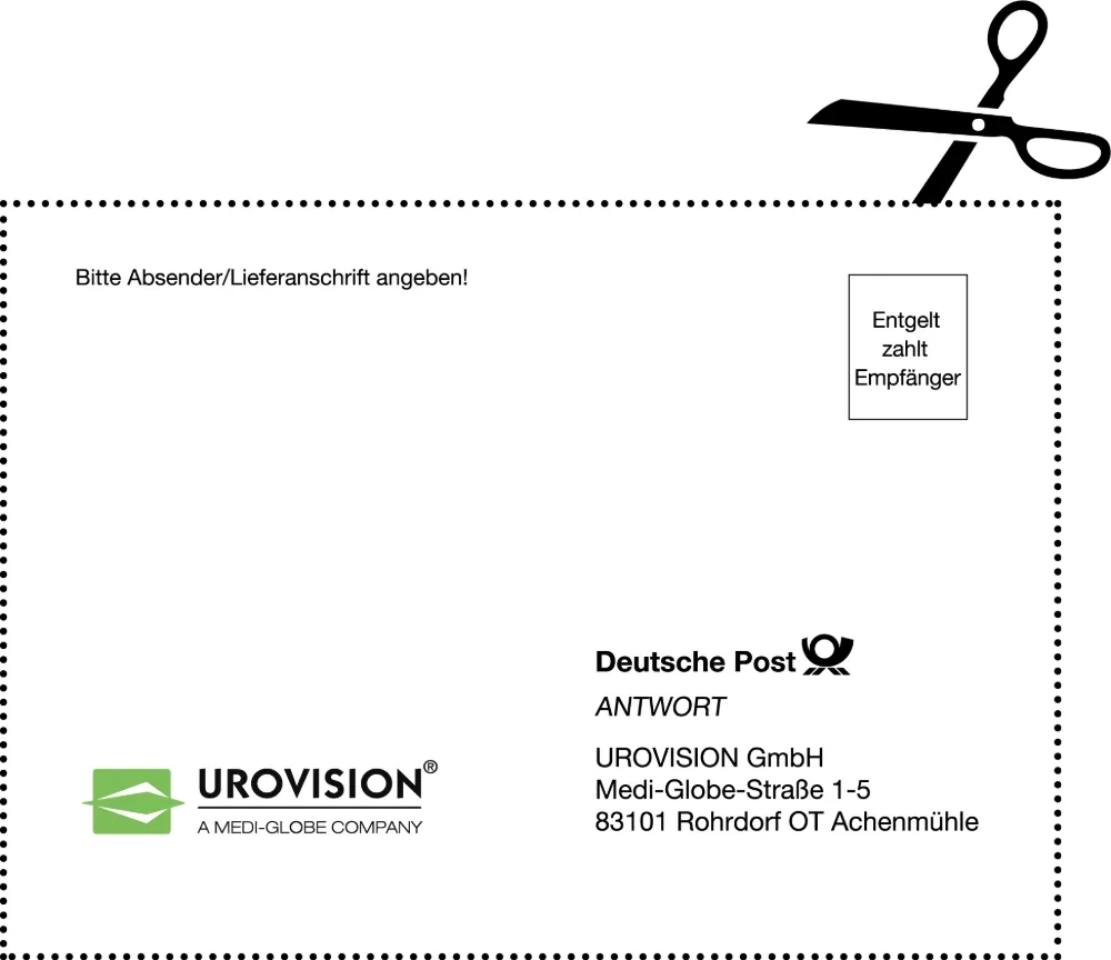 Briefumschlag mit gestrichelter Schnittlinie und Scherensymbol